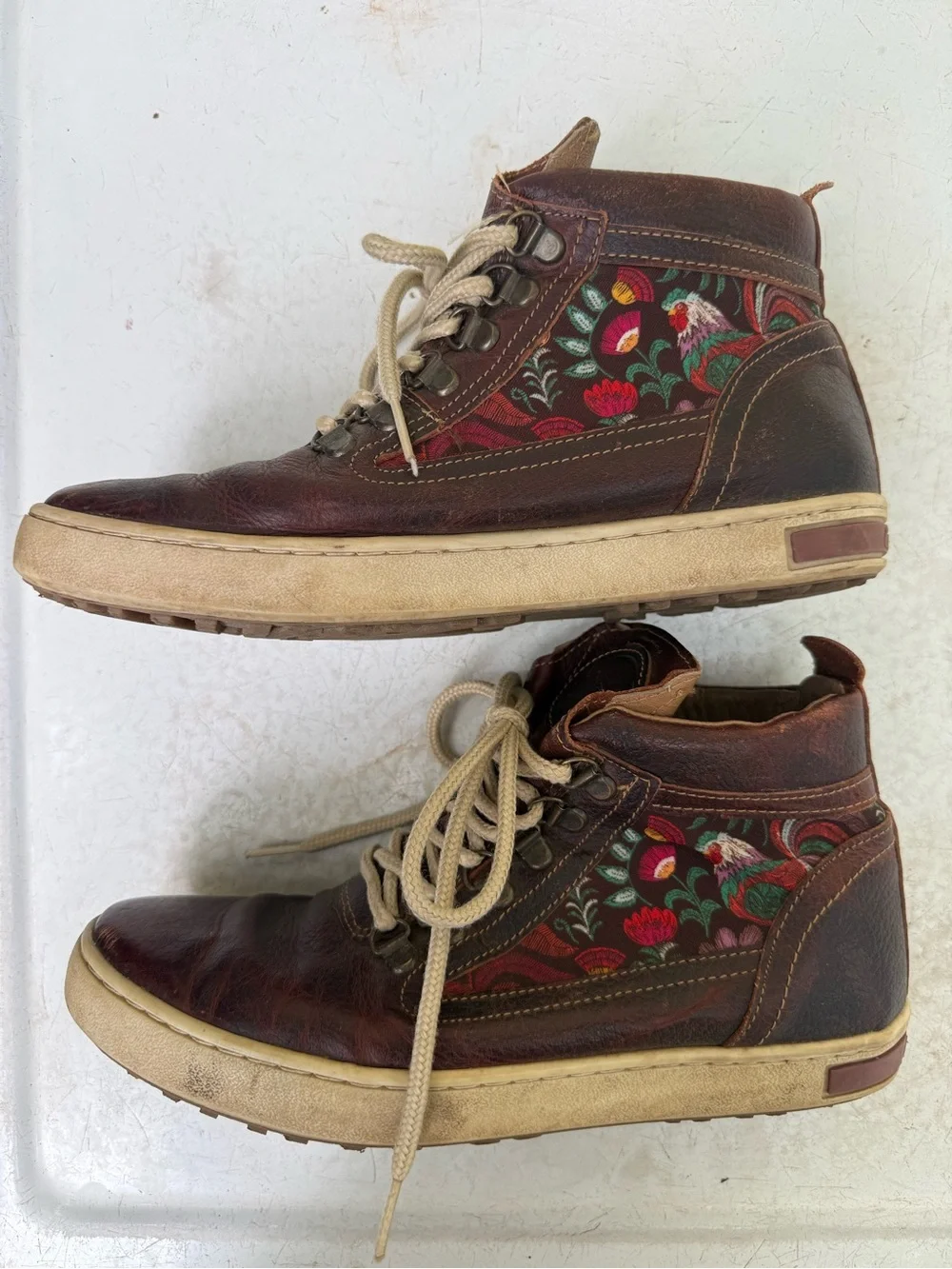inkkas Tan & Brown Leather High-Top Sneakers w Rooster Floral Burning Man Hippy